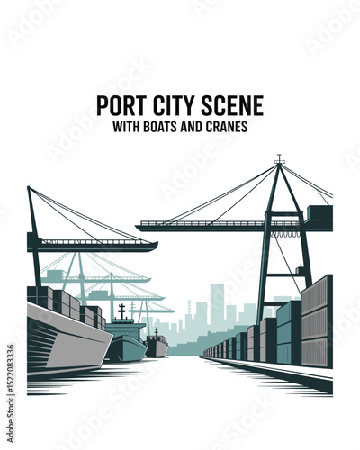 Port cityscape illustration with cargo ships and cranes