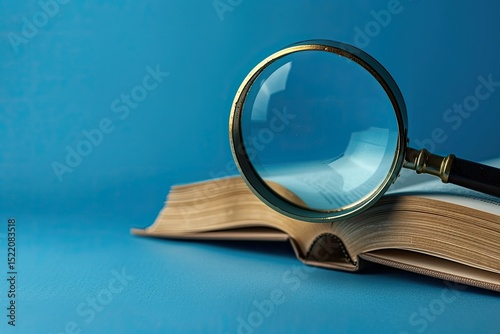 The Concept of Continuous Learning an Open Book and a Magnifying Glass on a Blue Background
