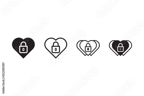 Heart shaped key lock. Linear, heart lock icons set. Vector icons