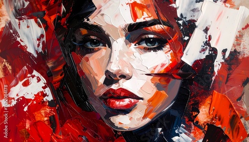 An artistic portrait of a woman with bold brushstrokes, expressing intensity and emotion. Bold oil painting of a face emerging from a chaotic background, layered brush strokes with intense reds, black