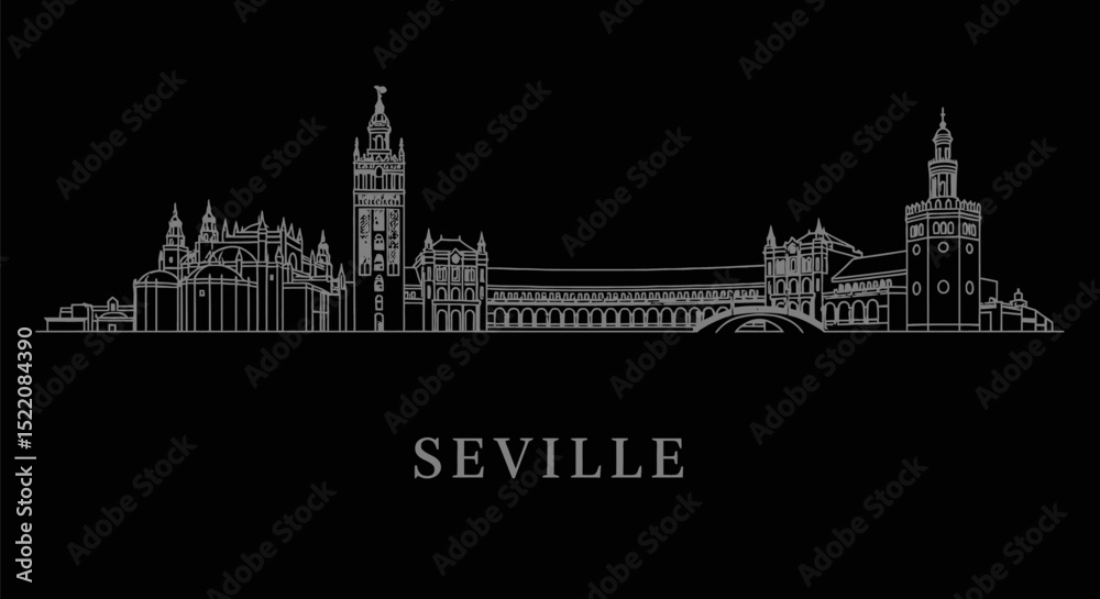 Obraz premium Seville Skyline with Spain Line Art, and Black Background.