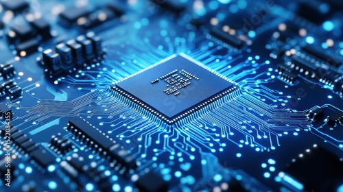 Close-up of a glowing blue microchip on a circuit board