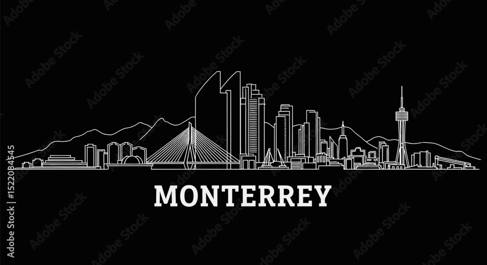 Fototapeta premium Monterrey with Mexico, Skyline Outline, Cityscape, and Black.