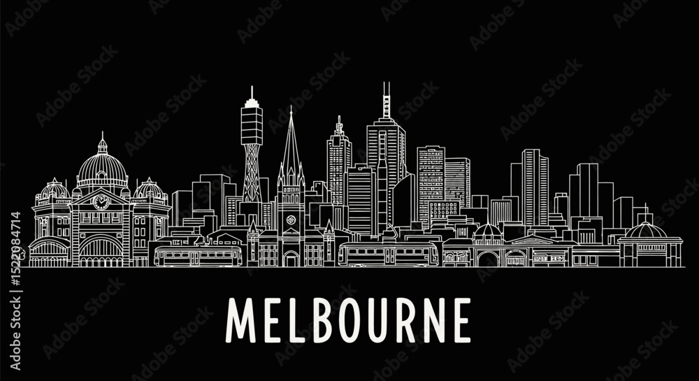 Fototapeta premium Melbourne Skyline Line Art Minimal Black.