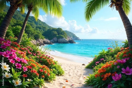 Serene coastal garden brimming with vibrant flowers, lush greenery, and soft sand; a tranquil oasis where nature meets the sea , colorful, calm, greenery