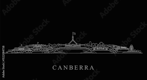 Canberra Skyline Line Art Black Background.
