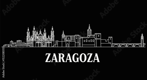 Zaragoza Skyline with Spain, Vector, and White Outline.