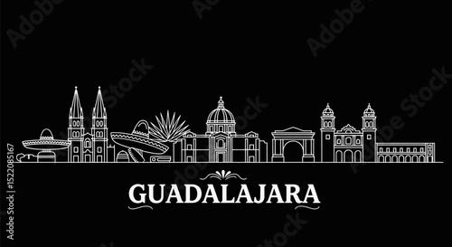 Guadalajara Skyline Outline with Mexico, and Landmarks.