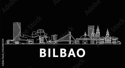 Bilbao Spain Skyline White on Black Vector.