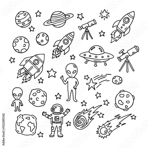 Hand drawn doodle space icons set. Vector illustration. Isolated on white background.