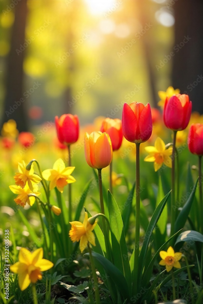 Sunlight warms vibrant tulips and daffodils blooming in a lush green meadow, signifying the arrival of spring Enjoy the fresh air and blossoming beauty of the season , orange, landscape Sunlight warms vibrant tulips and daffodils blooming in a lush green meadow, signifying the arrival of spring Enjoy the fresh air and blossoming beauty of the season , orange, landscape