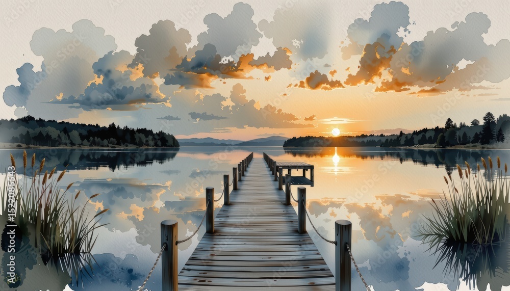 Fototapeta premium Tranquil lakeside retreat, painting of a serene dock on calm lake reflecting the sky
