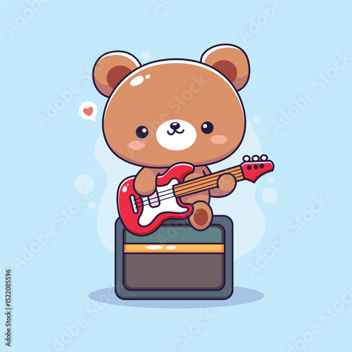 Cute teddy bear playing guitar and singing. Vector illustration.