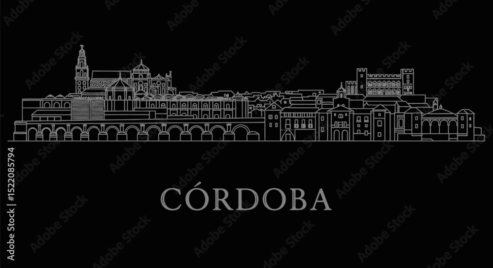 Obraz premium Crdoba Spain Skyline with Cityscape Outline, and Black.