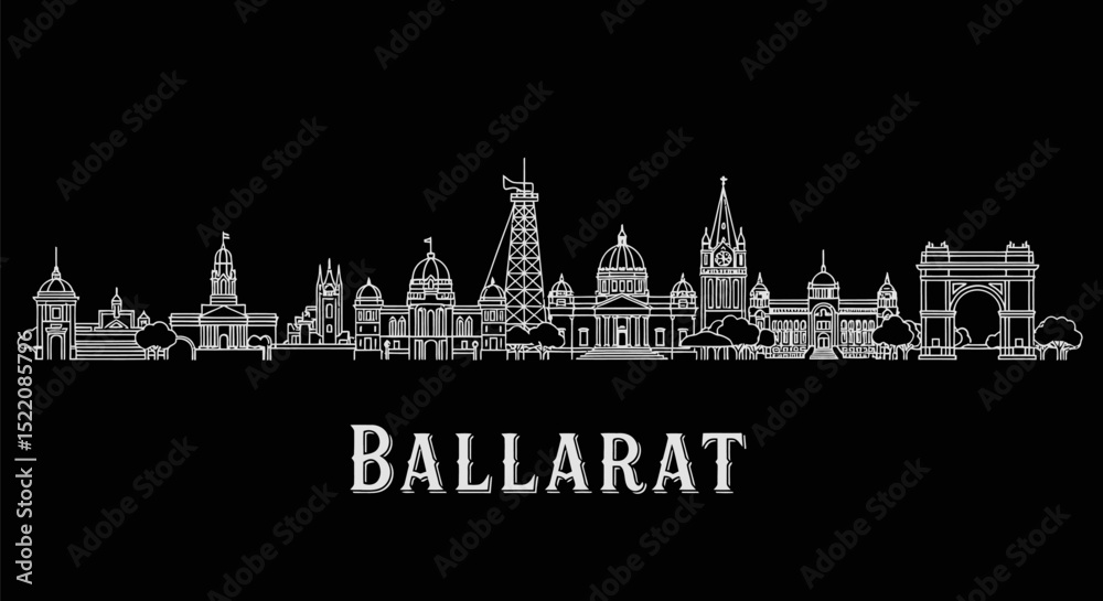 Fototapeta premium Ballarat Skyline Australia Line Art White.
