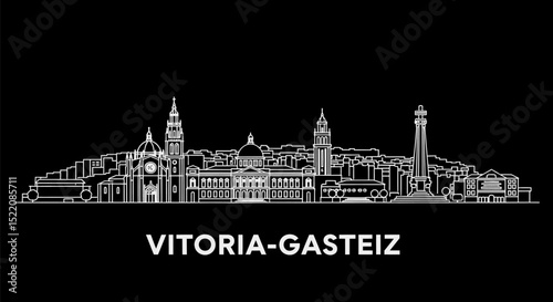 VitoriaGasteiz Skyline Outline with Black Background.