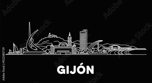 Gijon Skyline Vector Cityscape Outline Spain.