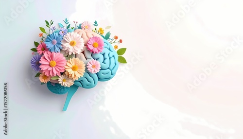 Brain decorated with colorful flowers. This image symbolizes mental health, well-being, and the beauty of the mind. Icon of a brain inside a lotus flower, peaceful and elegant, copy space.