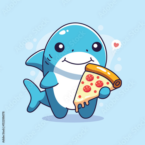 Cute cartoon shark character eating pizza. Vector illustration on blue background.