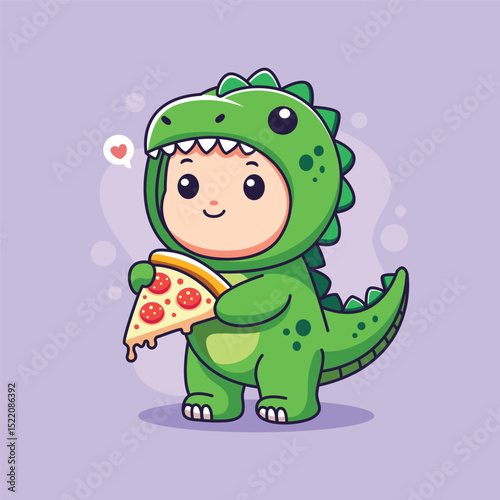 cute cartoon Child in a Dinosaur Costume Eating Pizza