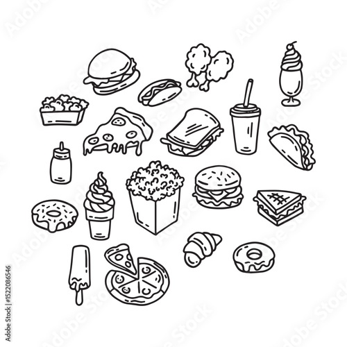 Fast food hand drawn doodle icon set. Vector illustration.