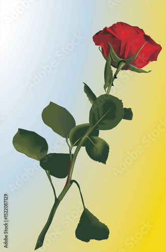 Red Rose with Green Stem and Leaves on Gradient Background