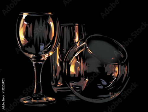 Elegant Glassware on Black Background with Warm Reflections