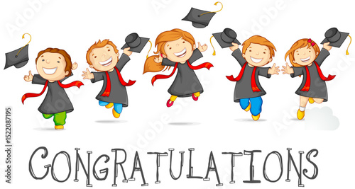 Happy Cartoon Kids Celebrating Graduation with Caps and Text