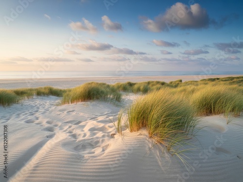 Serene sunset beach dunescape peaceful coastal scene
