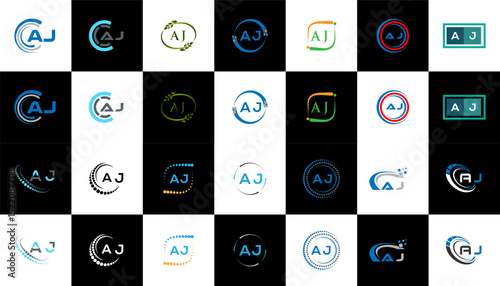 AJ minimalist and classic logo set design. AJ flat and simple style with black and white color variation letter logo set in one artboard.