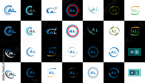 AL minimalist and classic logo set design. AL flat and simple style with black and white color variation letter logo set in one artboard.