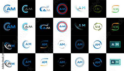 AM minimalist and classic logo set design. AM flat and simple style with black and white color variation letter logo set in one artboard.