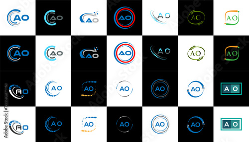 AO minimalist and classic logo set design. AO flat and simple style with black and white color variation letter logo set in one artboard.