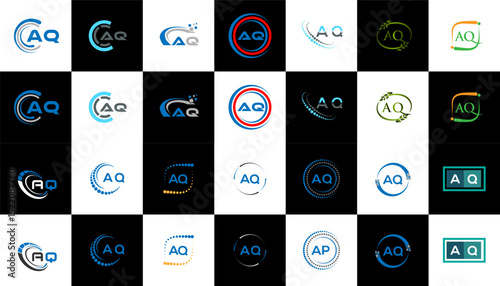 AQ minimalist and classic logo set design. AQ flat and simple style with black and white color variation letter logo set in one artboard.