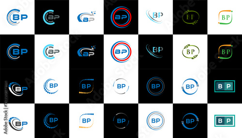 BP minimalist and classic logo set design. BP flat and simple style with black and white color variation letter logo set in one artboard.