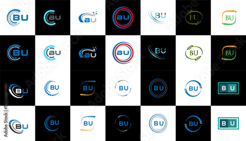 BU minimalist and classic logo set design. BU flat and simple style with black and white color variation letter logo set in one artboard.