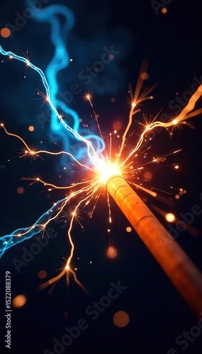 Close-up of sparking electrical wires, energy arcs crackling with vibrant blue and orange light, a chaotic display of raw power , cables, blue, discharge