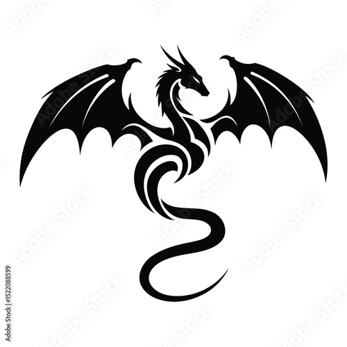 A striking black dragon design with detailed wings and a tribal artistic representation on a white background.