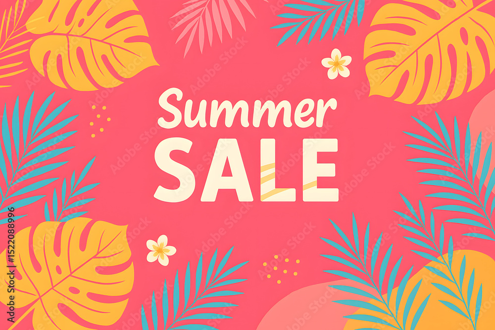 Obraz premium ピンクのトロピカル背景に「Summer SALE」文字のセール告知バナー