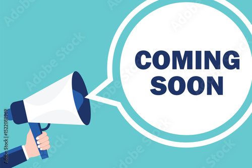 Hand holding megaphone with Coming soon speech bubble