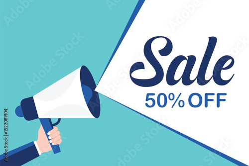 Male hand holding megaphone with sale tag up to 50 percent off speech bubble. Loudspeaker. Banner for business