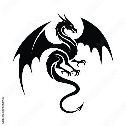 Detailed black dragon silhouette with spread wings and intricate claw details isolated on a clean white background