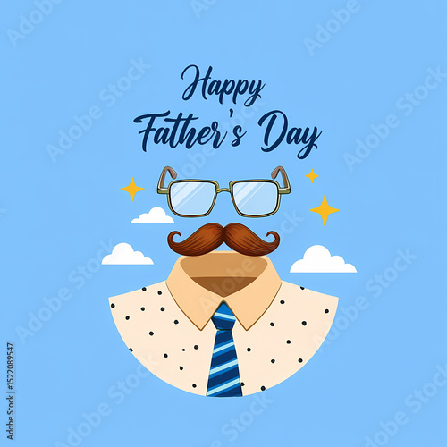 Happy fathers day a whimsical illustration of a mustache, glasses, and shirt against a light blue sky