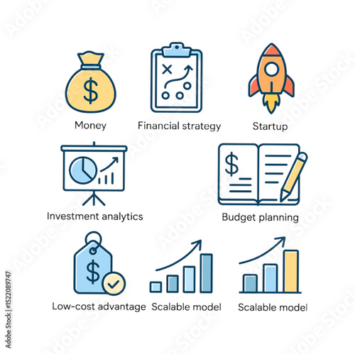 Essential Business Startup Icons illustrating financial strategy money budget planning investment analytics scalable model and low cost advantage