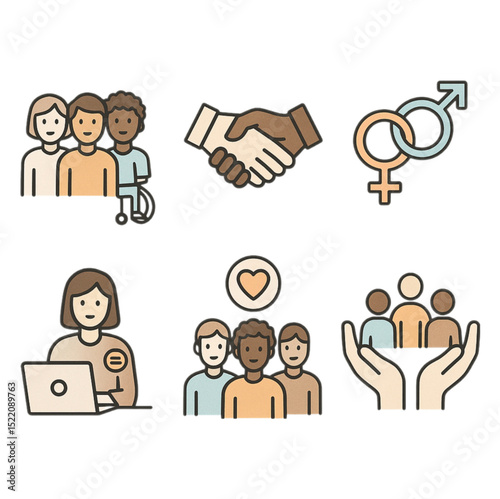 Inclusive Diversity Icons:  People of different races, genders, and abilities collaborating and supporting each other.