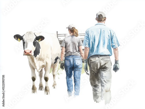 Dairy farm workers and cow watercolor, rural agriculture teamwork, peaceful scene, rear view