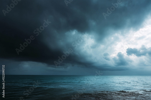 Stormy sky with dark clouds rolling over ocean, dramatic atmosphere, moody seascape, nature power