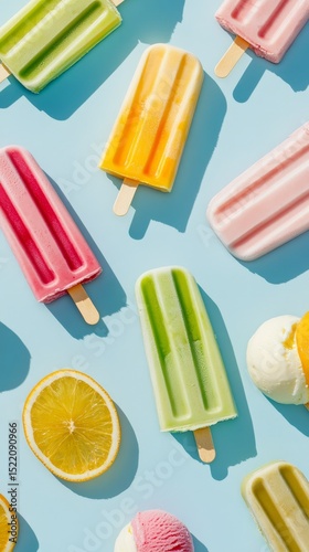 Summer vibes captured in a flat lay of colorful seasonal ice cream on a refreshing blue background, perfect for a cool and vibrant seasonal treat