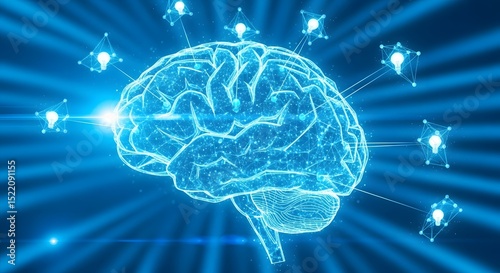 Illuminated brain with lightbulbs connected by lines on a blue gradient background photo