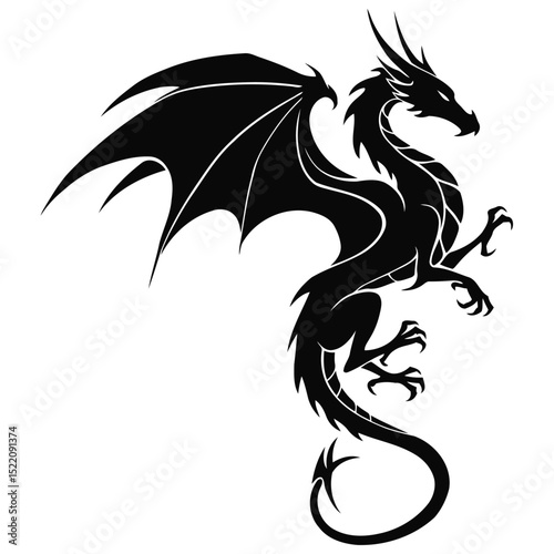 Fierce black dragon silhouette with wings a strong mythical creature isolated on white background